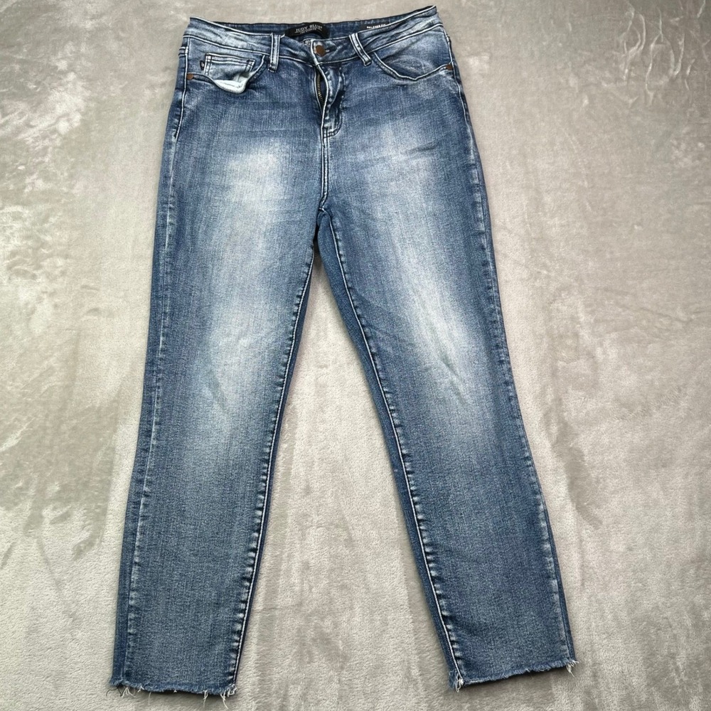 Judy Blue Relaxed Fit Jeans Women 29 Blue Medium Wash Stretch Raw Hem Distressed